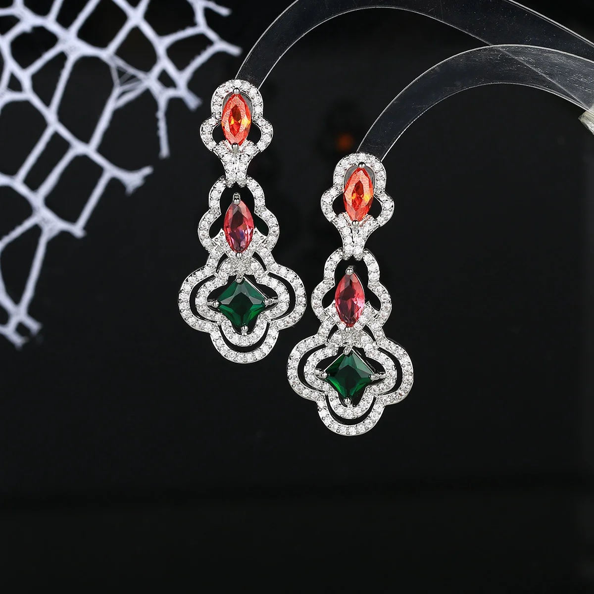 

925 Silver Needle Multicolor Gemstone Tiered Clover Drop Earrings, Women's Fashion Jewelry