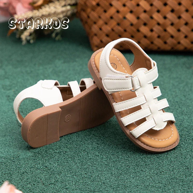 Eleganckie sandały na pasku dla dziewczynek, płaskie, z klamrą, skórzane gladiatorki letnie dla niemowląt i dzieci, w kolorze czerwono-białym.