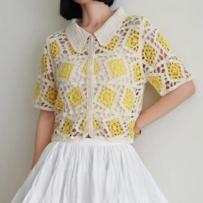 

Crochet Button Up Shirt Blouse Short Sleeve Collared Open Stitch Button-Front Knitted Jacket Women Spring Summer 2026 Boho Chic