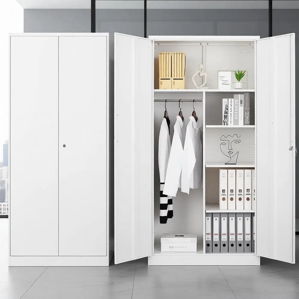 

Белый 72-высокий стальной шкафчик с подвесным стержнем и полками, запираемый для дома, школы, офиса - требуется сборка