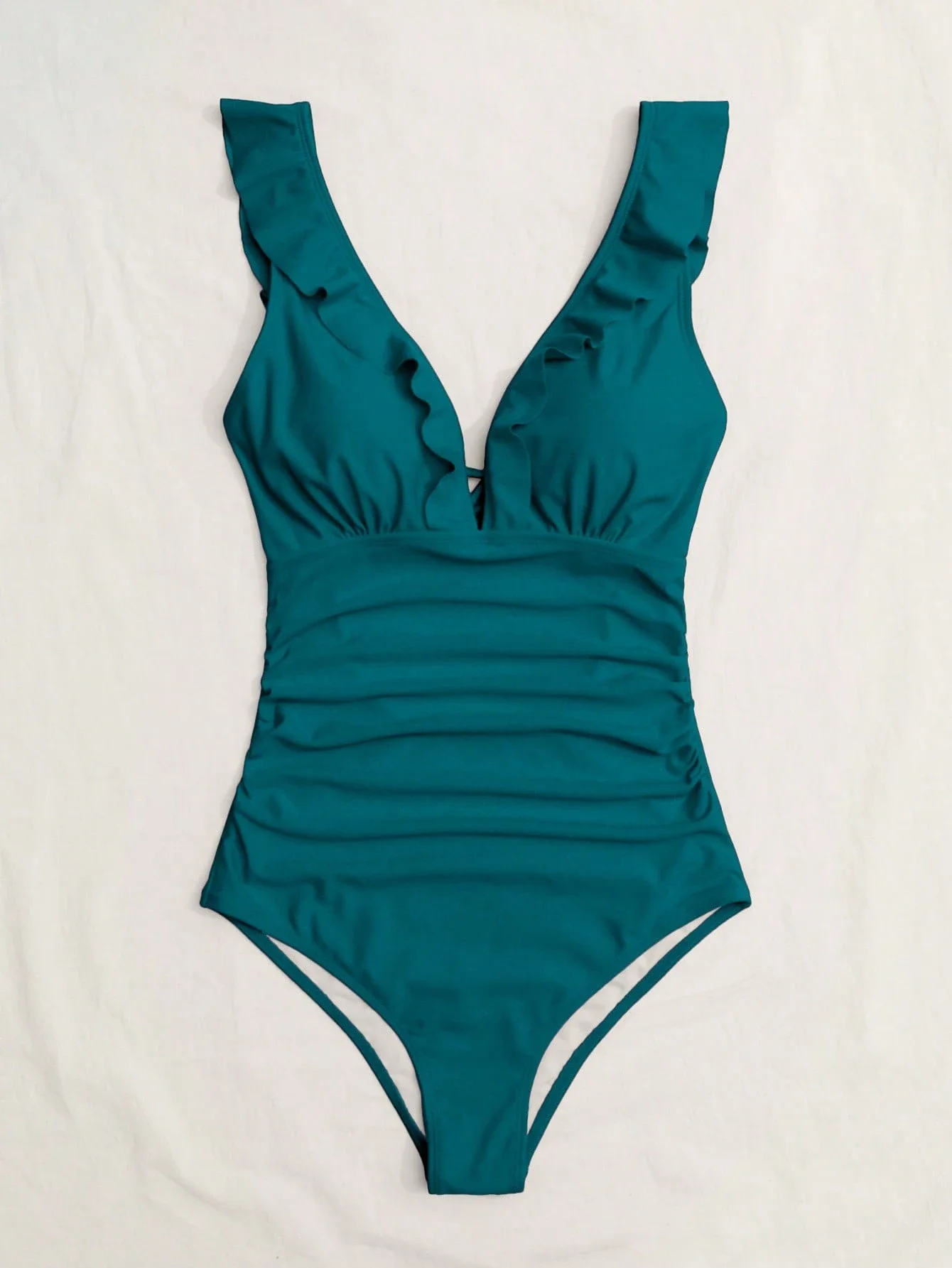 

Women Solid Color Ruched One Piece Swimsuit With Frill Sleeveless Deep V Neck Back Tie