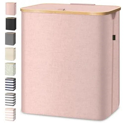 

Корзина для белья BALEINE с крышкой, высокие корзины для белья с бамбуковыми ручками, большая корзина для белья с внутренней опорой (36 галлонов)