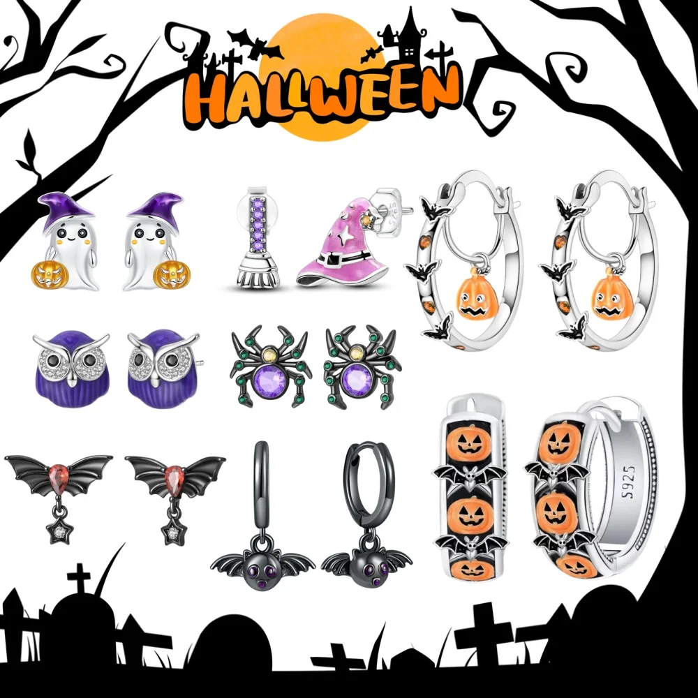 Halloween Party Fashion S925 Silver & Rose Gold Color Cute Pumpkin Bat Earrings Fit Women Party Jewelry Christmas Gift