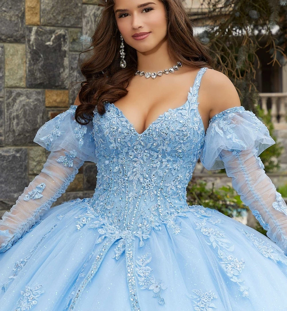 EVLAST Customized Blue Quinceanera Dress Appliques Floral Lace Beaded Pouf Long Sleeve Corset Sweet 16 Vestidos De XV Año TQD114