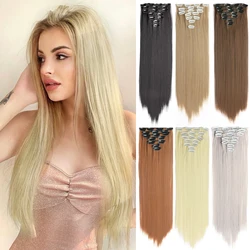 Extensiones de Cabello con Clip largo y recto, postizo sintético de 22 pulgadas, negro, marrón oscuro, fibra resistente al calor, 4 unidades por juego