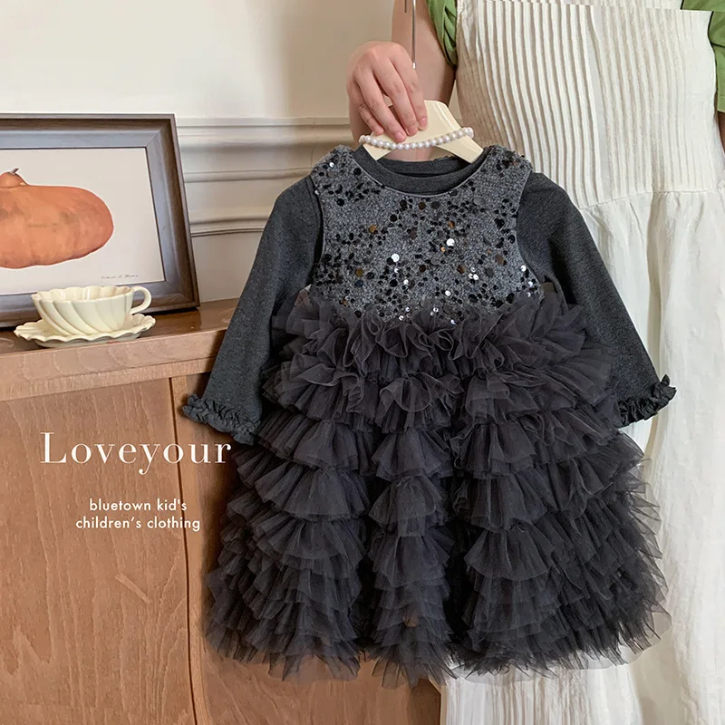 

Girls' Autumn Outfit 2025 New Style Western-style Girls' Base Top Sleeveless Sequin Cake Dress Two-piece Set