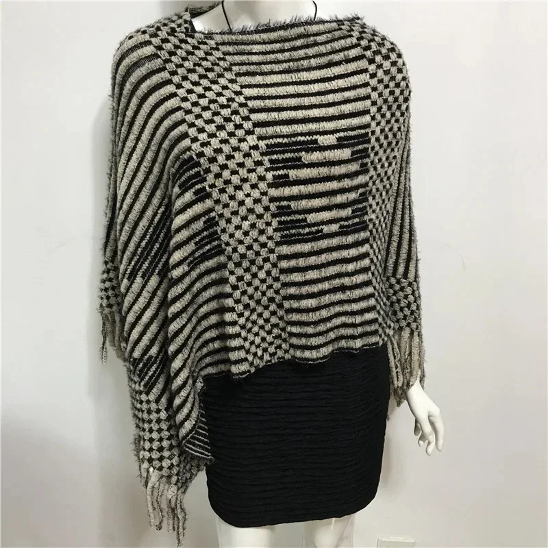 2024 Spring Autumn New V-neck Diamond Stripe Tassel Cloak Female Sweater Women Knitting Poncho Cape Pullover Shawl Beige