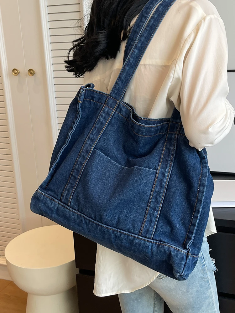 Large Capacity Denim Blue Women\'s Shoulder Bag Solid Color Female Tote Crossbody Bag Shopping Bags Retro College Girls Handbags