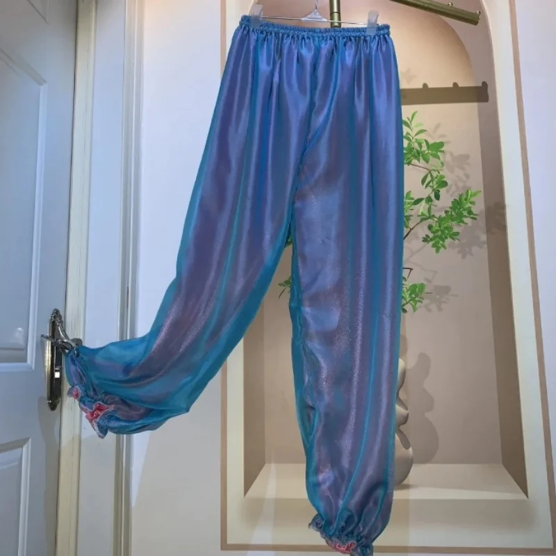 

﻿Plus Size Sexy Glossy Men's 2 Layers Voile Outside Ice Silk Inside Pajamas Pants Women Silky Touch Ruffled Lantern Trousers﻿