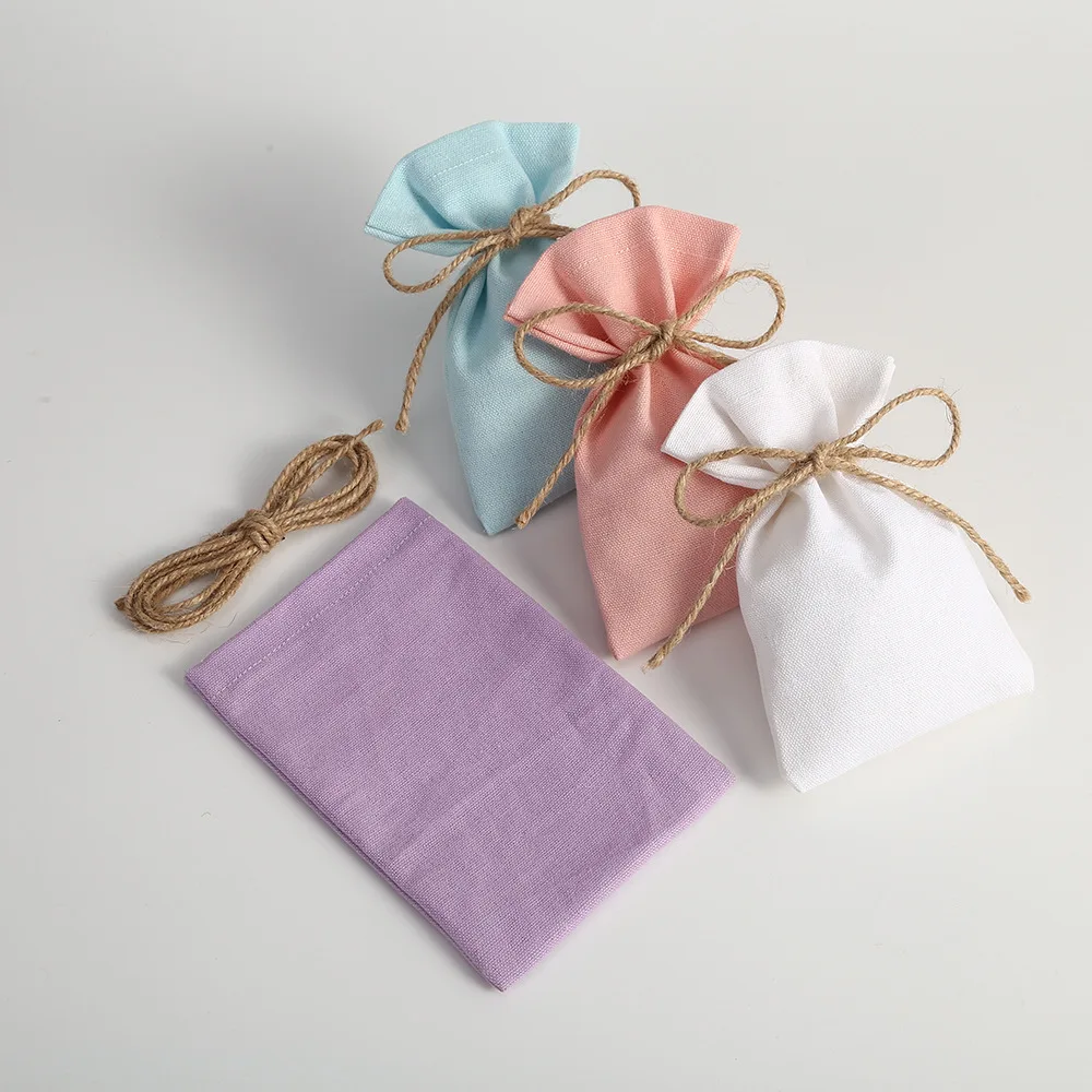 50Pcs/lot Drawstring Linen Cotton Bags Birthday Party Candy Wedding Gift Pouches Storage Packaging Pouch Custom Logo Print