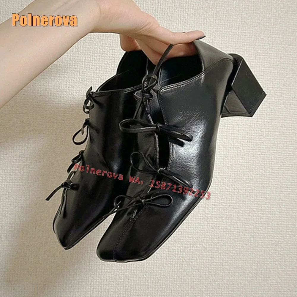 

Black Bowknot Hollow Out Pumps Hollow Out Square Toe Block Heels Solid Slip On Shallow Women Loafers 2025 Spring New Style Dress