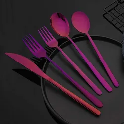 5Pcs Purple Dinnerware Set Western Tableware 18/10 Stainless Steel Dessert Fork Knife Spoon Cutlery Set Home Party Flatware Set