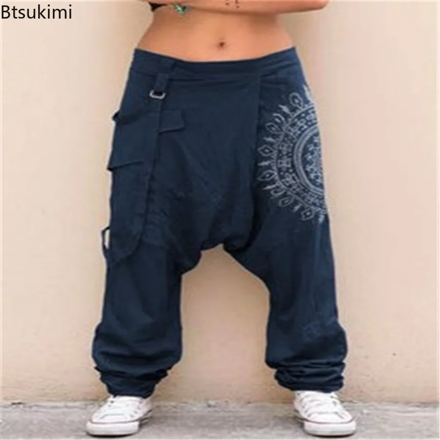 2024 Women's Low Rise Drop Crotch Harem Pants Vintage Print Saggy Baggy Hip Hop Casual Trouser Ladies Loose Wide Leg Cross-pants