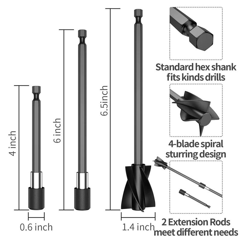 5 pás do misturador da resina dos pces com 2 hastes de extensão, acessório reusável da broca do agitador da pintura do misturador