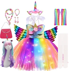 Glowing Unicorn Dress Girl Halloween Fantasy Cosplay Clothes Summer Kids Rainbow Sling TUTU Child Sequin Flower Applique Costume