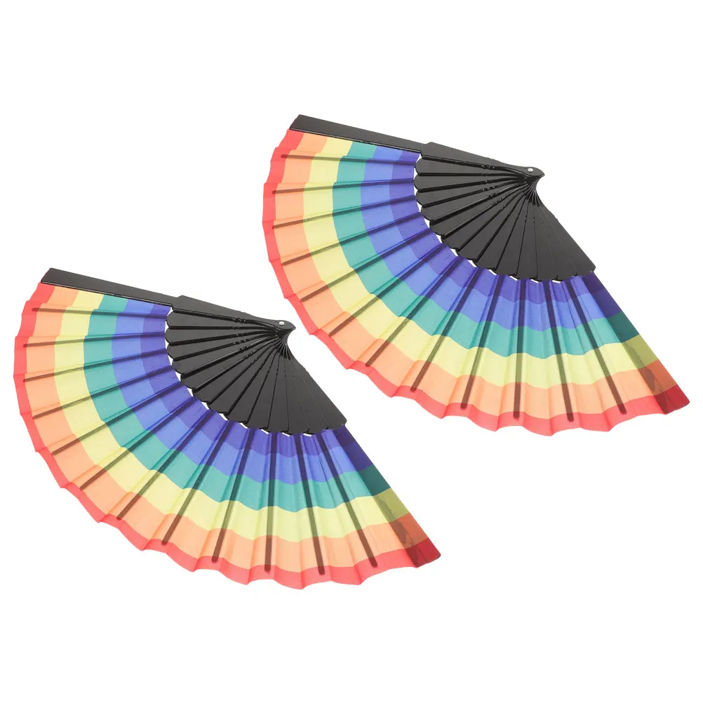 

2pcs Rainbow Hand Fan Foldable Dancing Fans Plastic Fabric Decorative Wedding Party DIY Craft Home Accessories
