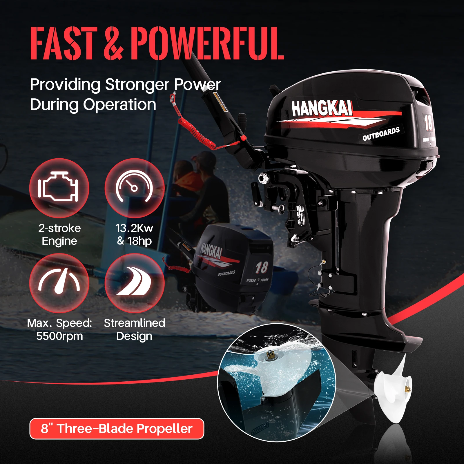 2-Stroke 18HP Outboard Motor Heavy-Duty Fishing Boat Engine 246CC Marine Short Shaft Engine Fishing Engine with CDI System