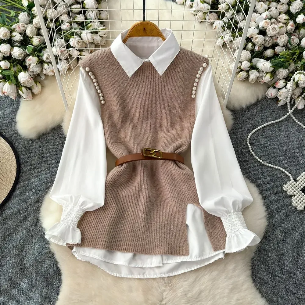 Women\'s Autumn Winter Graceful Lucky Red Pearl Sweater Vest Shirts Two Piece Set Lady Falls Knit Tank Tops Blouse with Belt