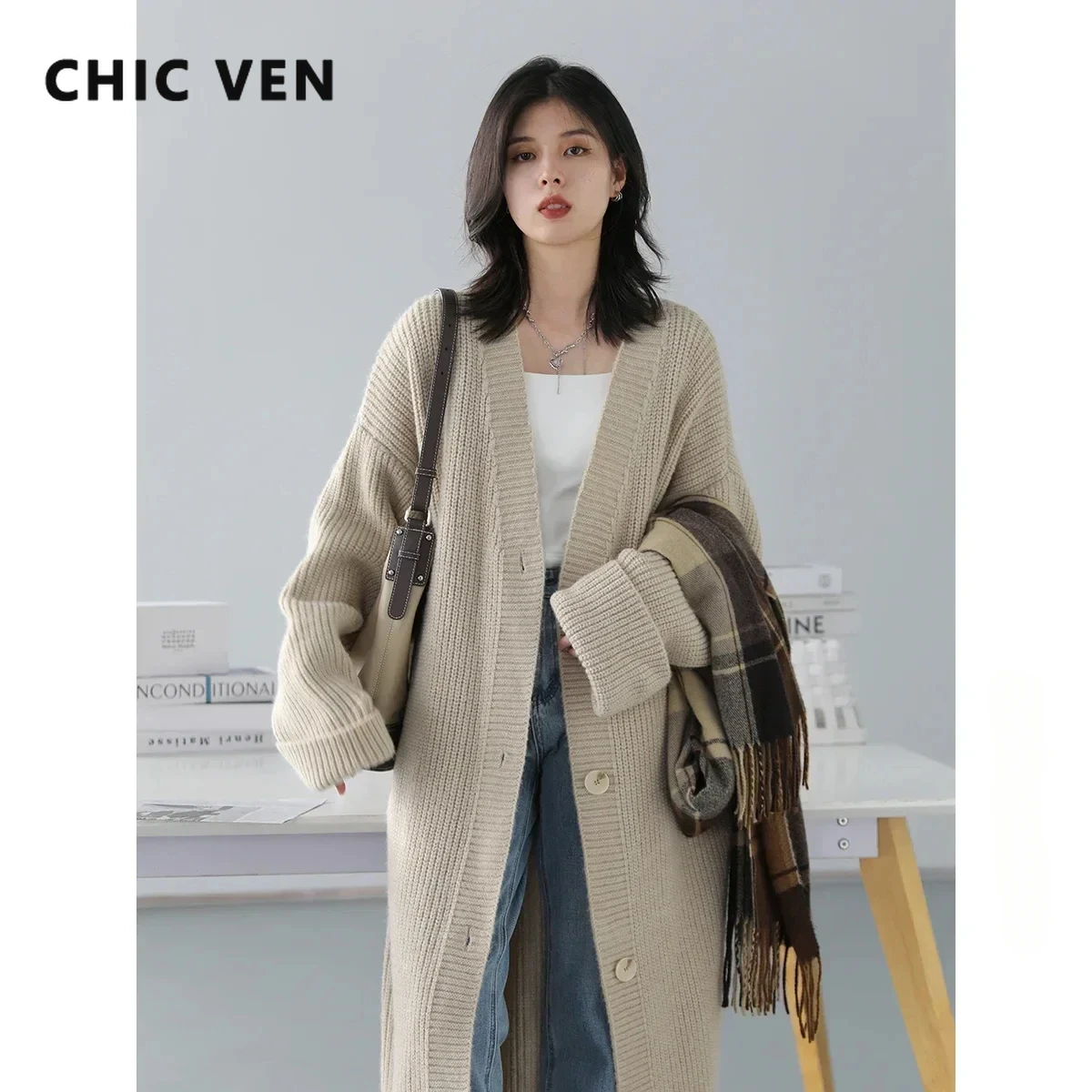 

CHIC VEN Women Cardigans Korean Loose Solid Knitted Sweaters Fashion Casual Soft Long Coats Female Clothing Autumn New 2024