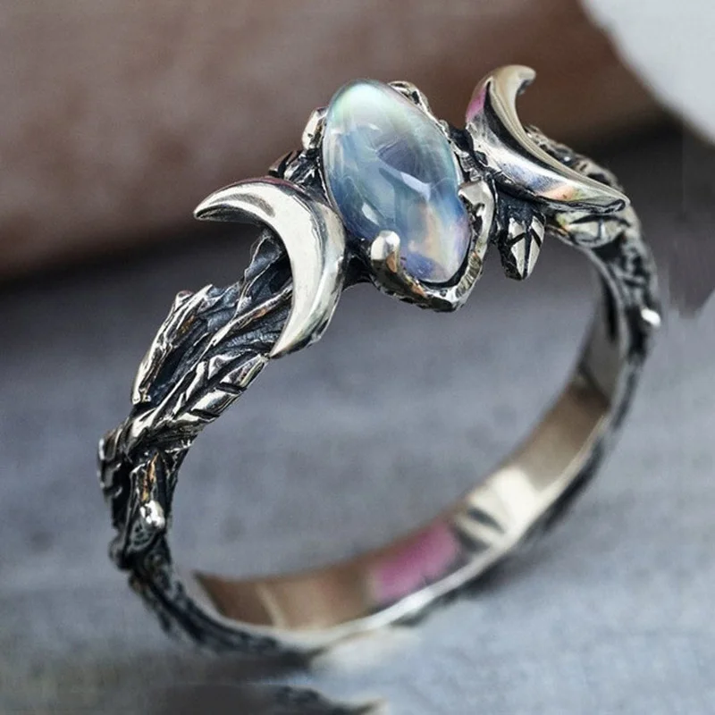 Tibetan silver Double Moon Tension Mount Gemstone Ring Geometric Moonlight Design Rings Jewelry Fashion Rings for Women Gift