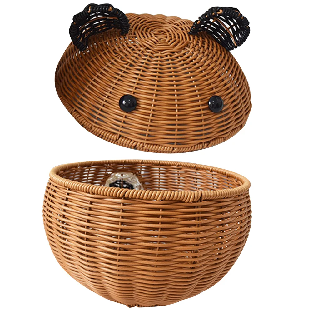 

Lidded Storage Basket Bear Shape Fine Workmanship Imitation Rattan Woven Basket for Fruits Snacks Bread Potato Bathroom Shelf