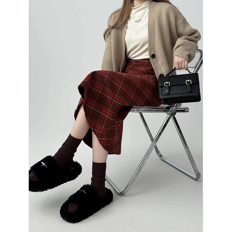 MiiiiX Retro Style Elegant Red Plaid Woolen Long Skirt Women 2024 Autumn New Fashion Midi Sheath A-line Skirt Female Clothes