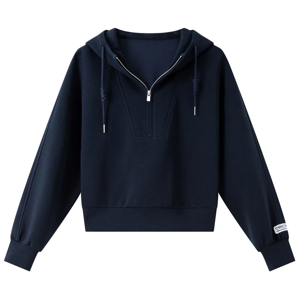 VIMLY ネイビーブルーカジュアルパーカー女性秋 2025 新しいハーフジッパーショートニットセータースポーティなドローストリング長袖トップス A2352