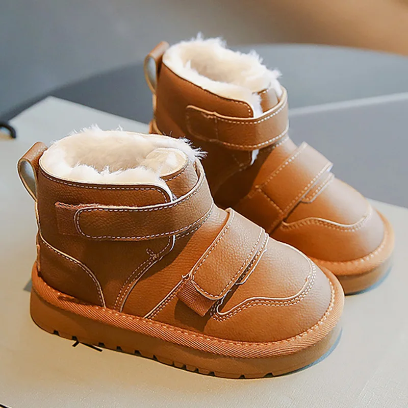 

Зимние плюшевые ботинки для детей, непромокаемые детские зимние ботинки из искусственной кожи для подростков, толстая теплая хлопковая обувь для мальчиков и девочек, теплые ботинки