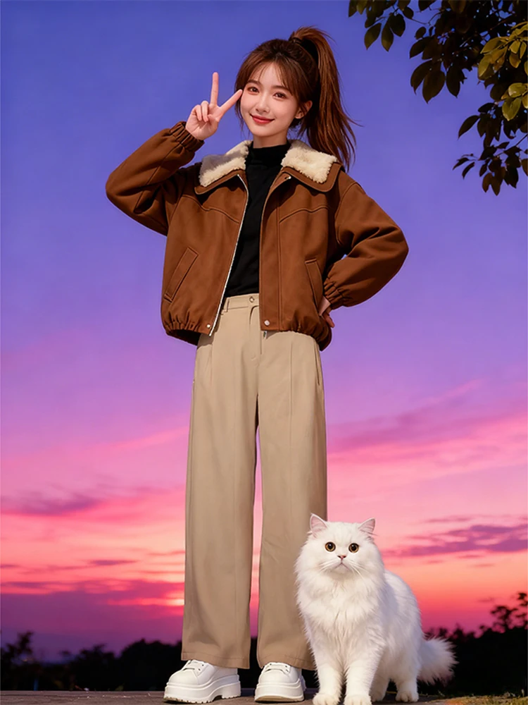 

Trendy Cotton Jaet Set with Lamb Fur Collar Wide Leg Pants Warm Casual Women's Faion Autumn Winter High Waist Zipper Closure