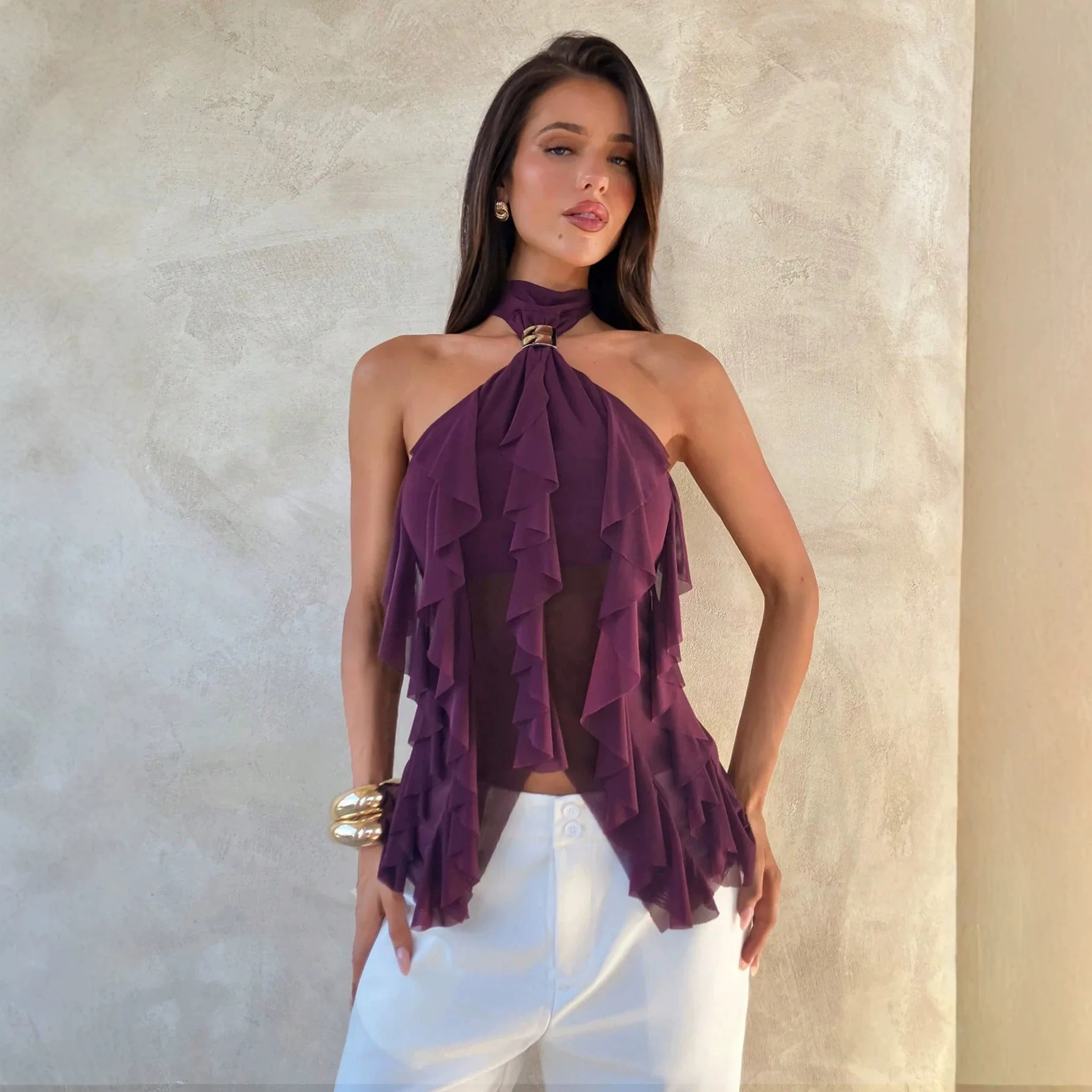 New Purple Neck Mesh Ruffle Edge Sleeveless Off-the-shoulder Slightly Transparent Sexy Top