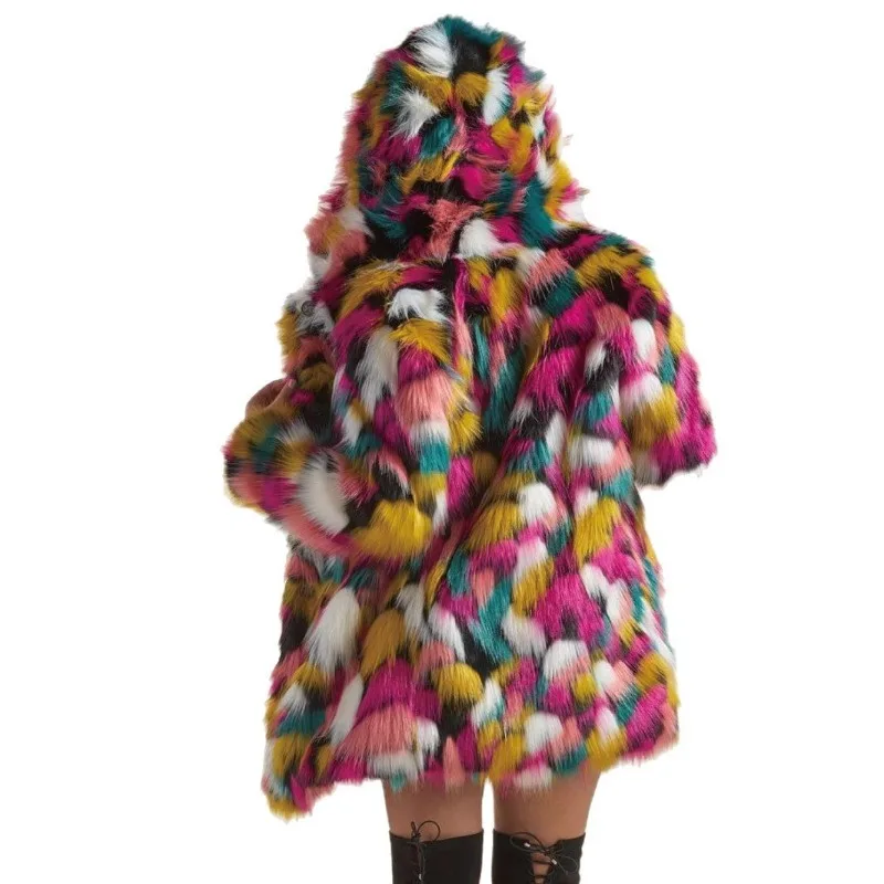 Female Autumn Winter Tops Coat Faux Fur Contrast Color Hooded Retro Simple Loose Comfortable Leisure Design Fashion Senior Soft