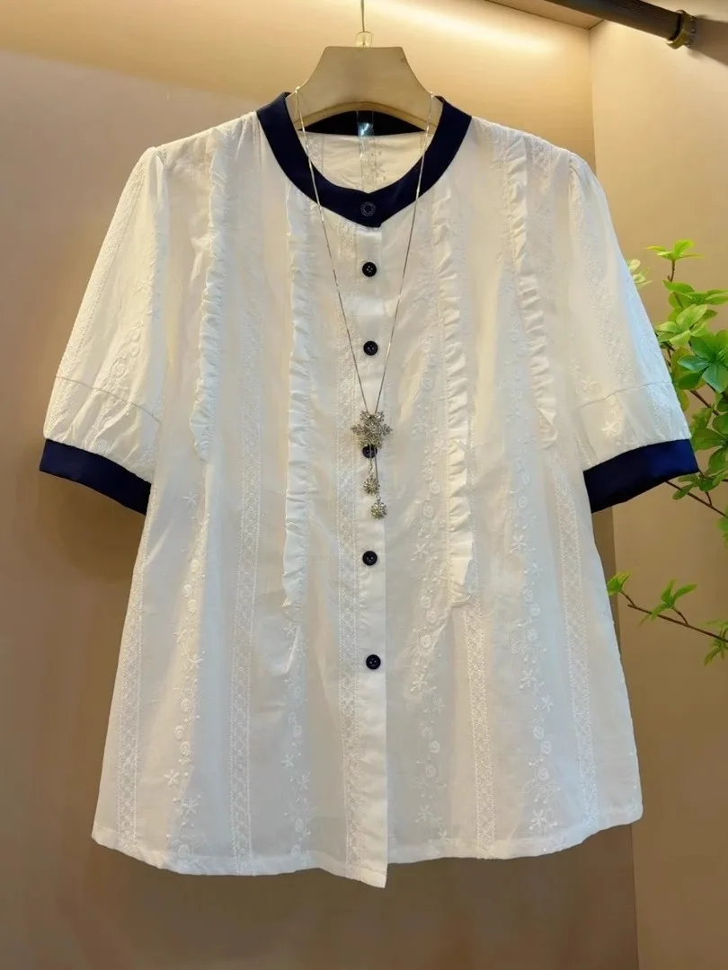 

Summer 2026 plus Size Women's Fashionable Versatile Embroidered Pleated Splice round Neck Short Sleeve Open Cardigan Shirt