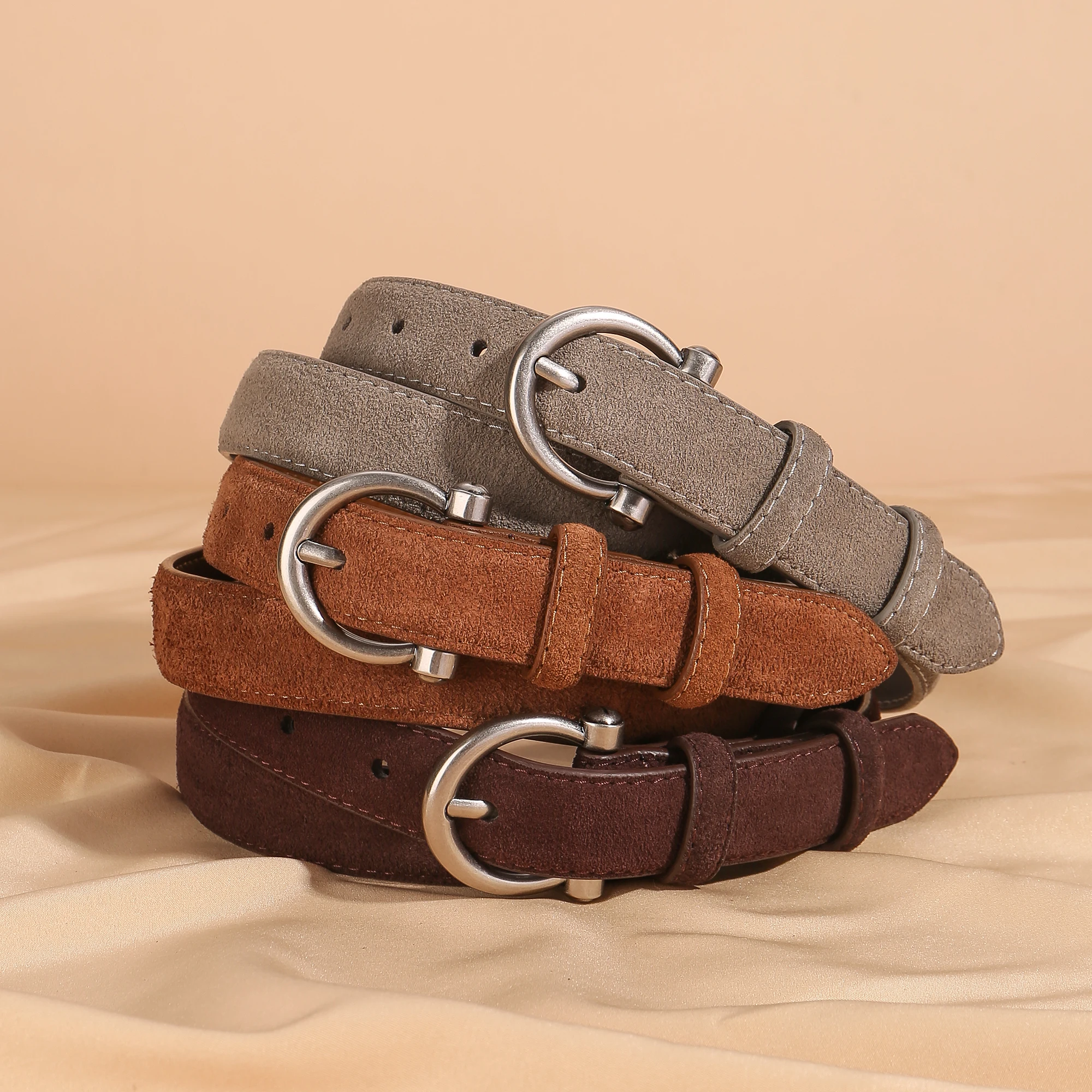 Fashion Women Belt Suede Genuine Leather Skinny Waistband Gold Buckle Wine Red Belts for Jeans Pants Casual