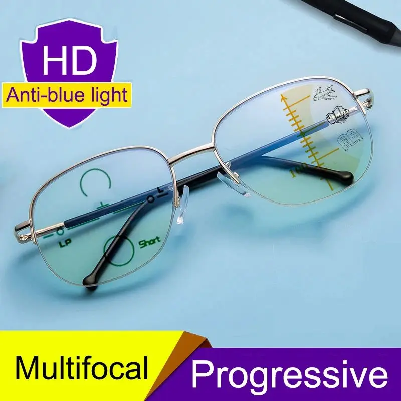 Große Halbrahmen-Lesebrille aus Metall und Titan mit Gleitsichtgläsern für Damen und Herren, Blaulichtfilter und UV-Schutz für Weitsichtigkeit – Detail 1