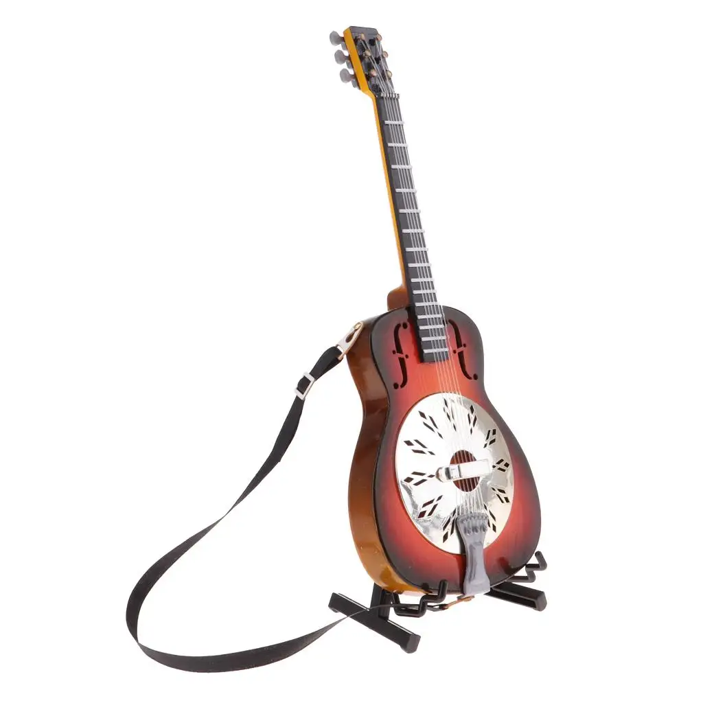 1/6 ação 2 polegadas bonecas instrumento musical acessório modelo de guitarra de madeira com decoração de suporte # 5