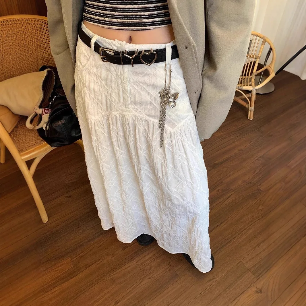 Niche Three-dimensional Plaid Cut White Skirt Women's Summer Design Sense High Waist A-shaped Skirt, Thin Medium and Long Skirt