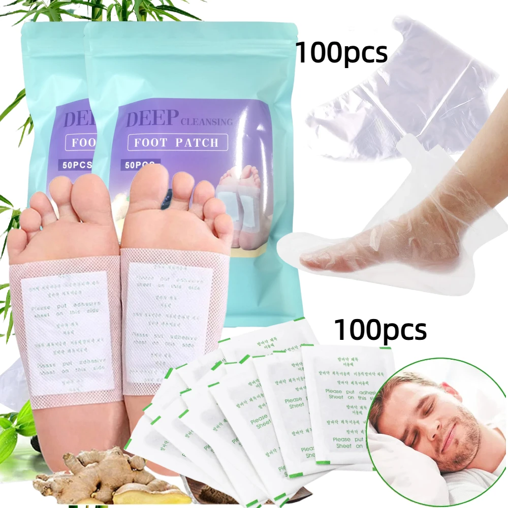 

200 шт. Набор для ухода за ногами: 100 шт. патчей для ног + 100 шт. одноразовых масок для увлажнения ног, бамбуковых и имбирявых подушечек для глубокой очистки ног