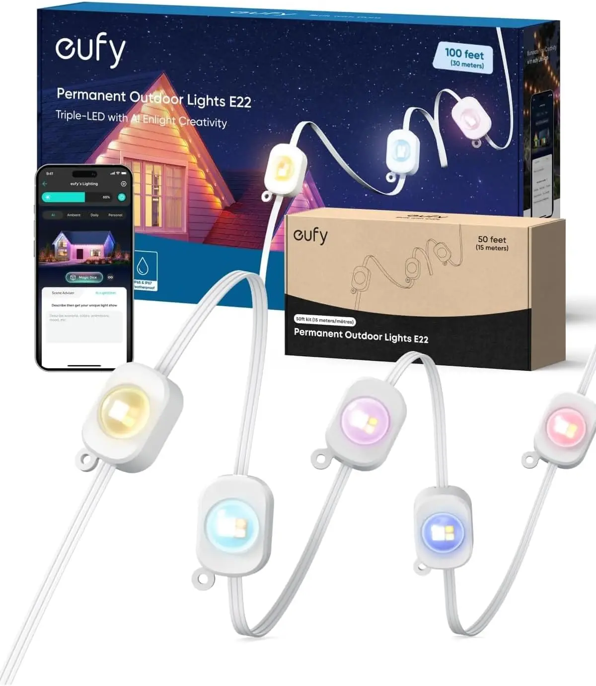 

Умные уличные гирлянды 45 м с 90 тройными светодиодами, цвета RGBWW, водонепроницаемость IP67, темы AI для праздников