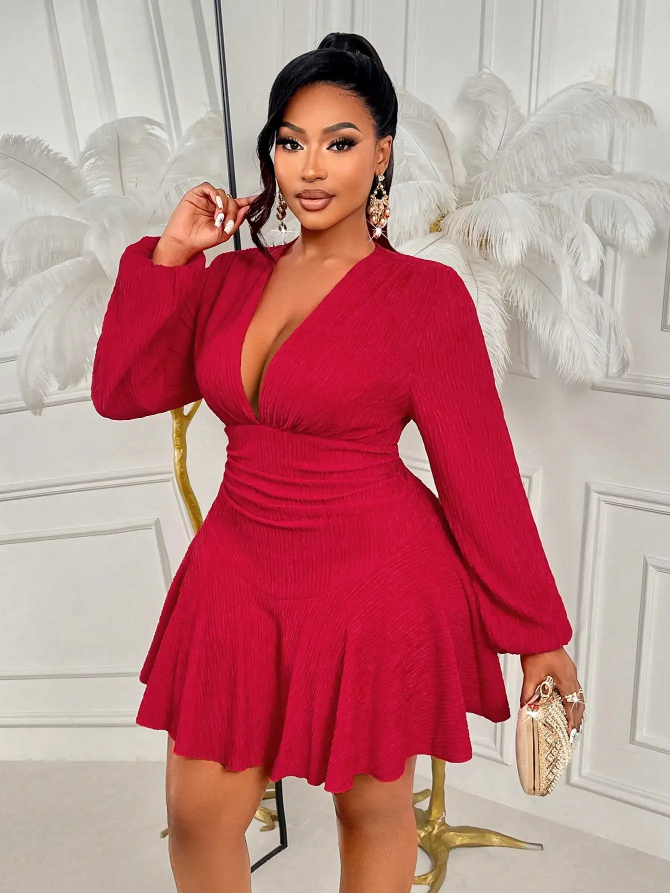 

Deep Red V-Neck Long Sleeve Mini Dress with Cinched Waist and Ruffle Hem