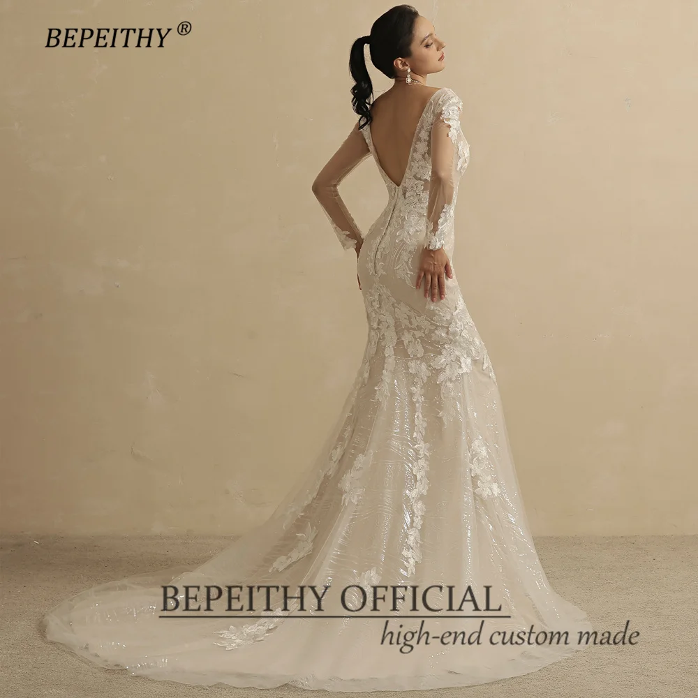 BEPEITHY personalizado sirena Champange vestido de novia de encaje de manga larga para mujer 2022 novia Sexy espalda abierta nupcial vestido de fiesta bohemio