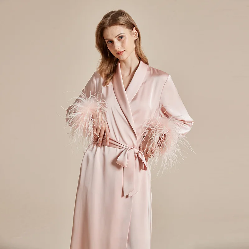Luxury Double Layer Robe with Feather Trim, Winter Plush Thermal Bathrobe for Couple Warm Kimono Loungewear and Sleepwear