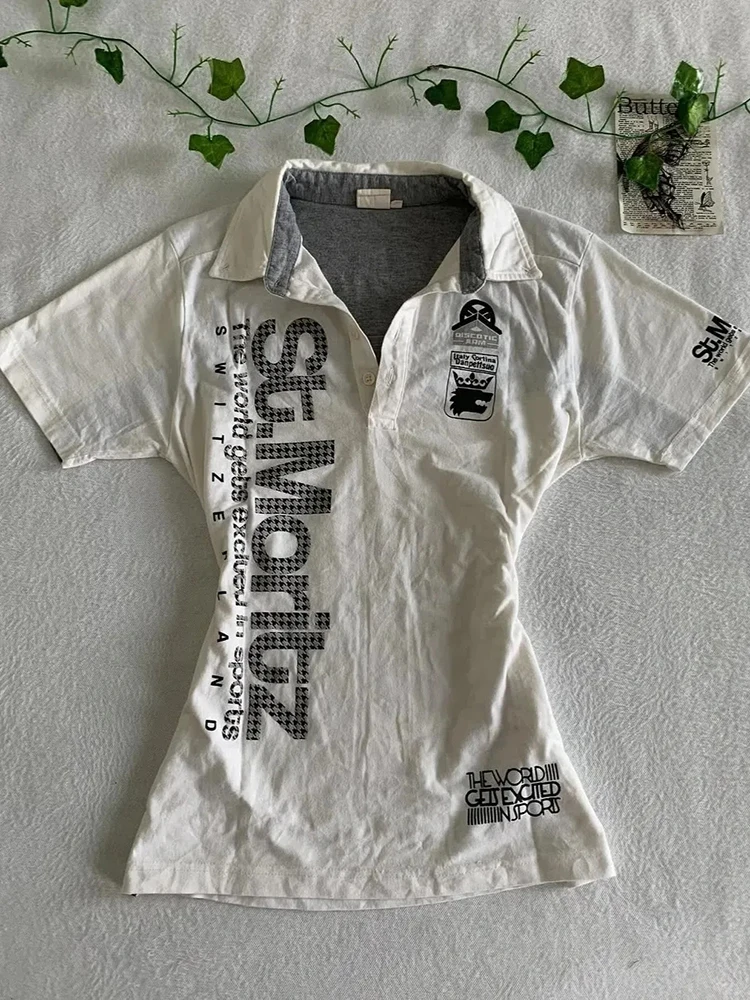 

Y2K White Vintage Women T Shirts Summer Korean Slim Lapel Short Sleeve Casual Tops Cotton Chic Printed Tight Female Tees New