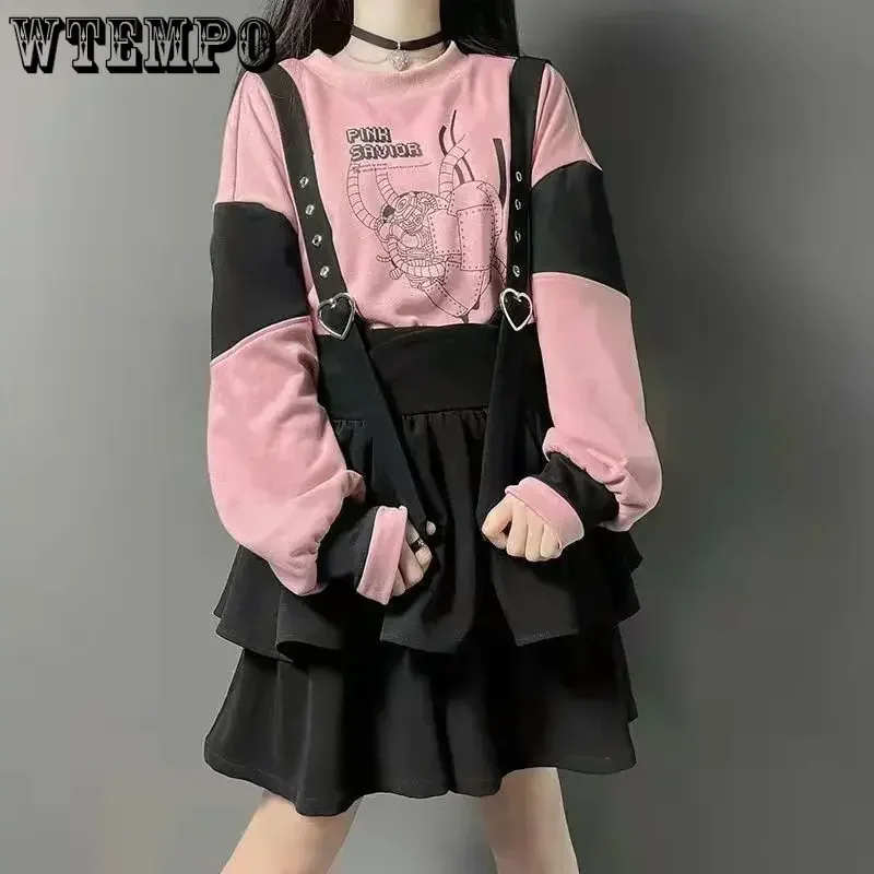 WTEMPO Vintage Women Gothic Punk Lolita Skirts Casual High Waist Black Harajuku Suspender Skirt Girls Y2K Mini Skirts Streetwear