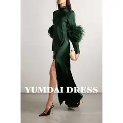 YUMDAI Luxurious Dubai Evening Gown Long Sleeve Feather Rhinestone Ball Gown 2024 Elegant Dark Green Satin Wedding Guest Dress