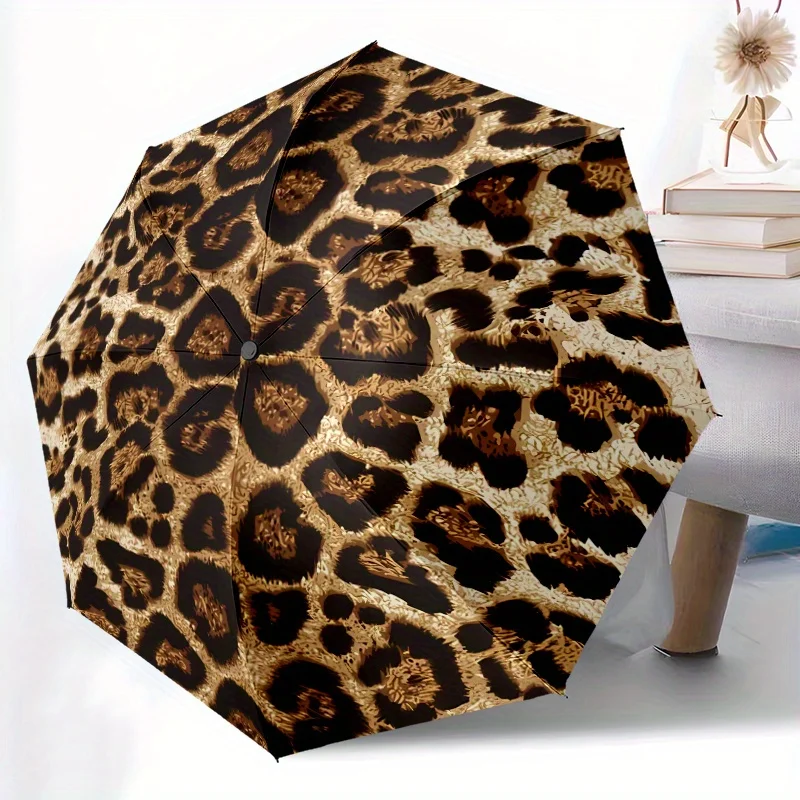 

Автоматический зонт с леопардовым принтом и защитой от солнца — элегантный черно-золотой с анималистическим рисунком, прочная конструкция с 8 спицами