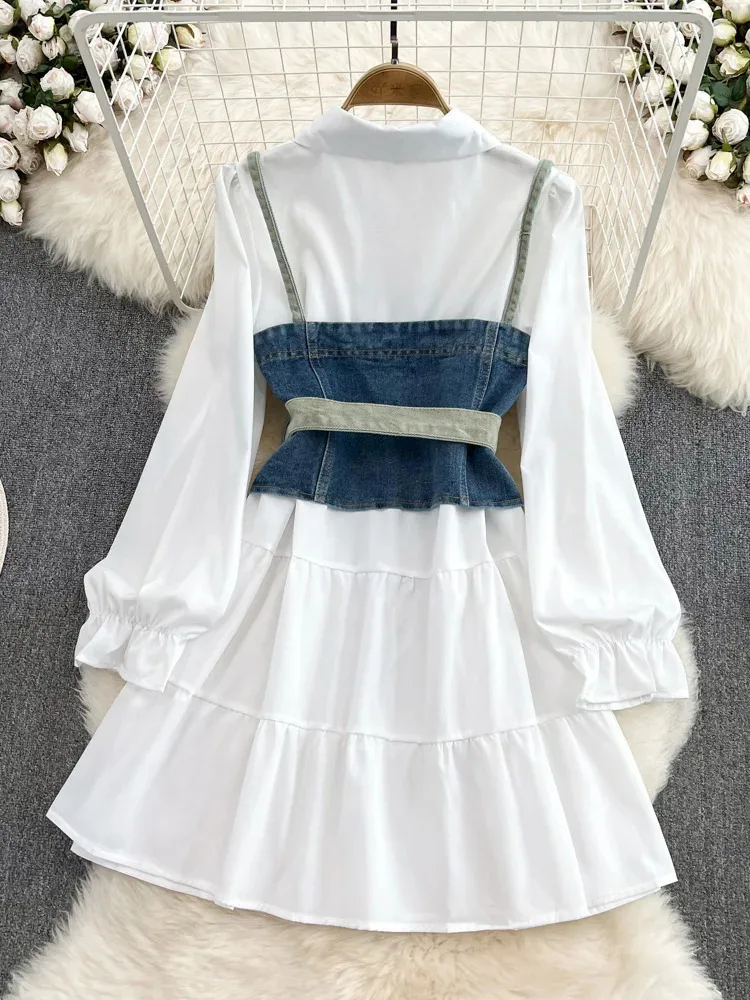 Spring Autumn Cowboy Waistcoat Female Elegant Length Sleeve White Shirt Dress Vest Women's Two-Piece Set GD785