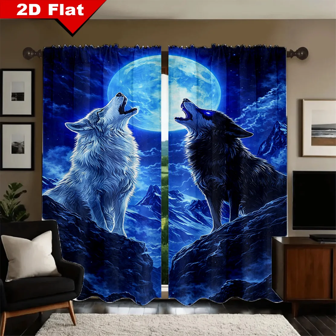 

2pcs Howling Wolves Full Moon Curtains Blackout Drapes for Living Room Wildlife Decor Mountain Night Scene Print WindowTreatment