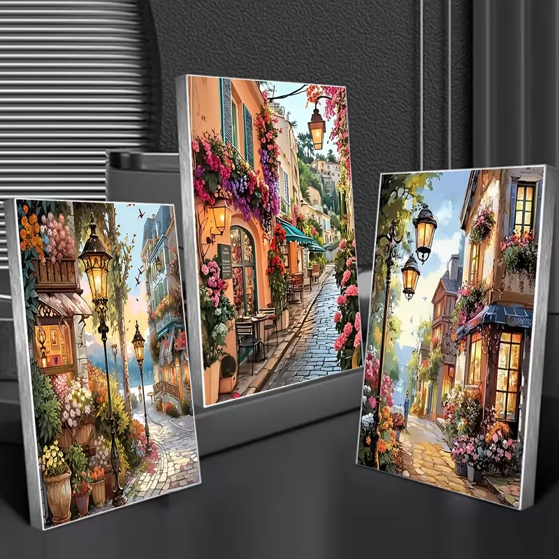 5D DIY Diamond Embroidery 3Pcs Frameless Picture European Street Landscape Building Triptych Mosaic Full DrillDiamond Painting