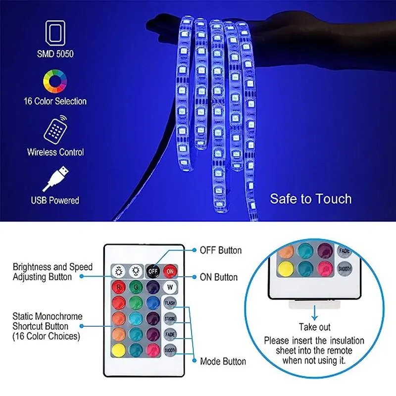 Led USB Strip Light 5M Color Changing 5050 RGB LED Flexible Lights with 24 Keys for Children Gaming Room Home Party TV Backlight