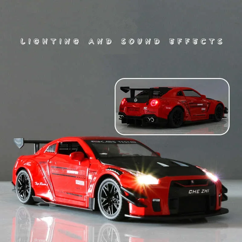 1:24 Skyline Ares Nissan GTR R34 R35 Alloy Sports Car Model Diecast Metal Racing Car Model Simulation Sound Light Kids Toys Gift